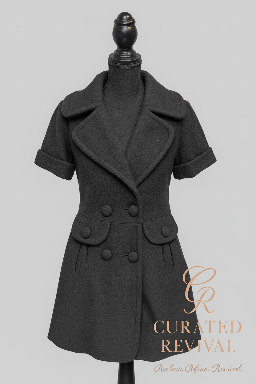 Black coat on a mannequin with 'Curated Revival' branding on a beige background