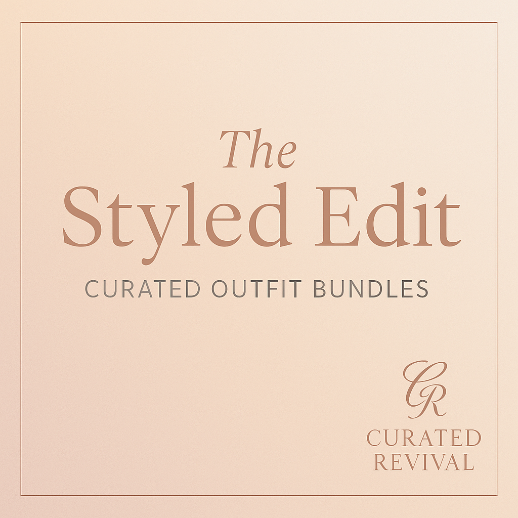 Curated Revival Styled Edit – three women’s outfit bundles featuring designer tops, jeans, jackets, shoes, and accessories, styled together for complete looks."