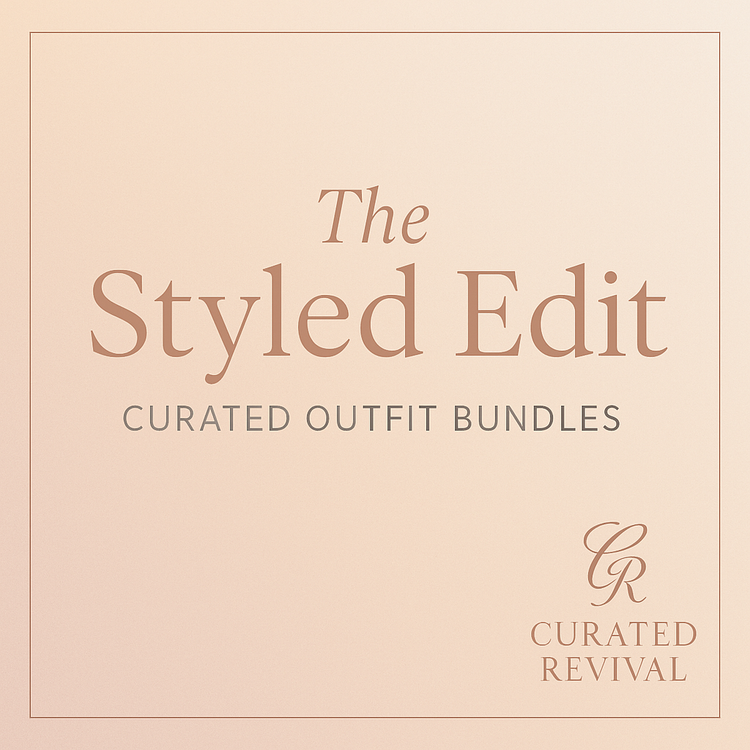Curated Revival Styled Edit – three women’s outfit bundles featuring designer tops, jeans, jackets, shoes, and accessories, styled together for complete looks."