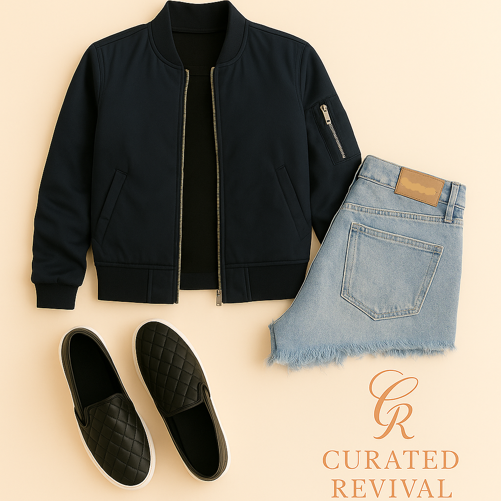 Duty Luxe Outfit Bundle –  Babaton Bomber Jacket, Denim Forum Ex-Boyfriend Shorts, Steve Madden Quilted Slip-Ons Retail $119 | Your Price: $90