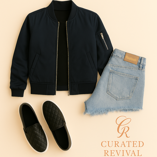 Duty Luxe Outfit Bundle –  Babaton Bomber Jacket, Denim Forum Ex-Boyfriend Shorts, Steve Madden Quilted Slip-Ons Retail $119 | Your Price: $90