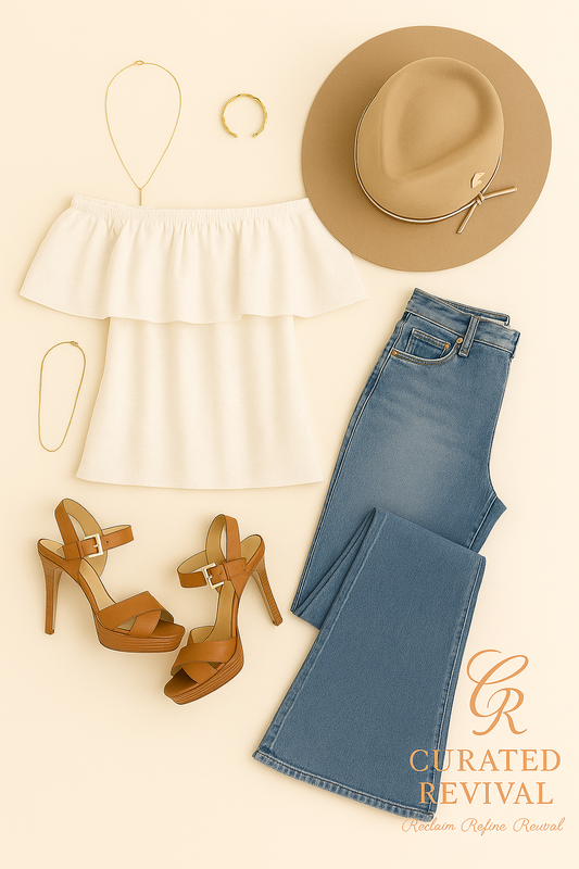 Fashion items including a white top, blue jeans, brown shoes, beige hat, and necklace on a light background with 'Curated Revival' branding.