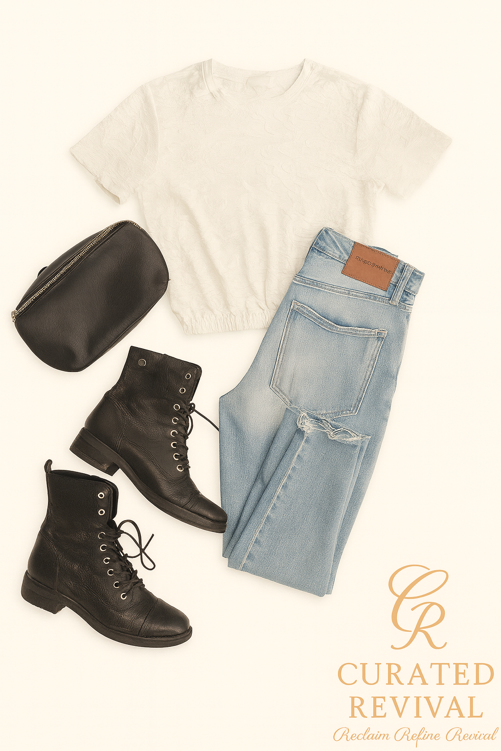 White t-shirt, black combat boots, light blue jeans, and black bag on a white background with 'Curated Revival' logo.