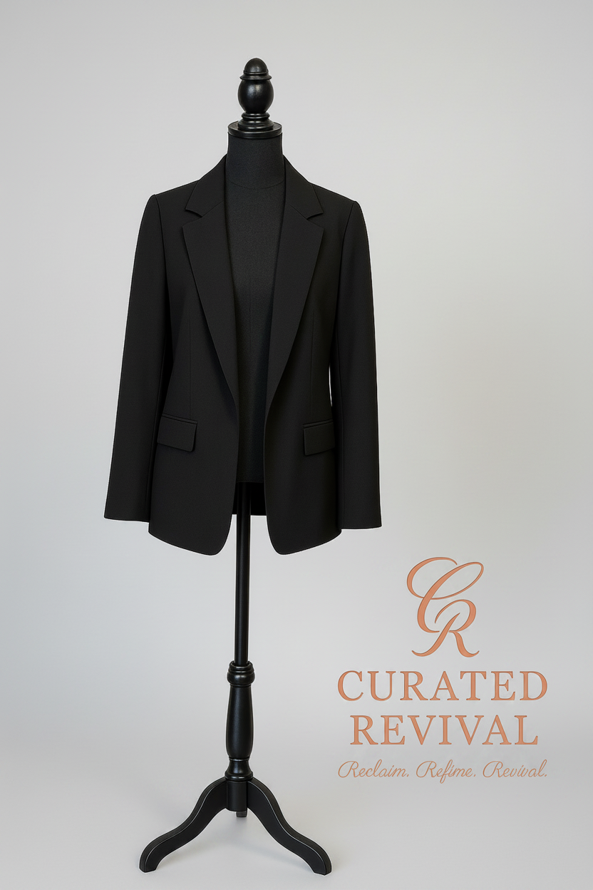 Black blazer on a mannequin with 'Curated Revival' branding on a beige background