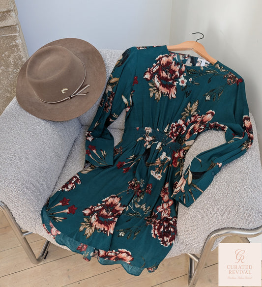 Leith Teal Floral Long Sleeve Dress – Size Small - $24