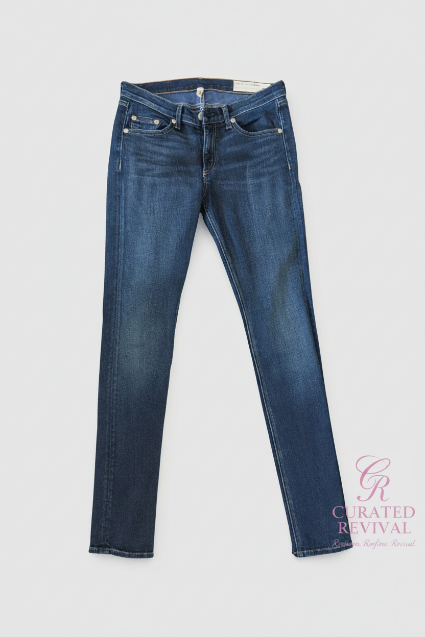 Blue jeans on a white background with 'Curated Revival' branding.