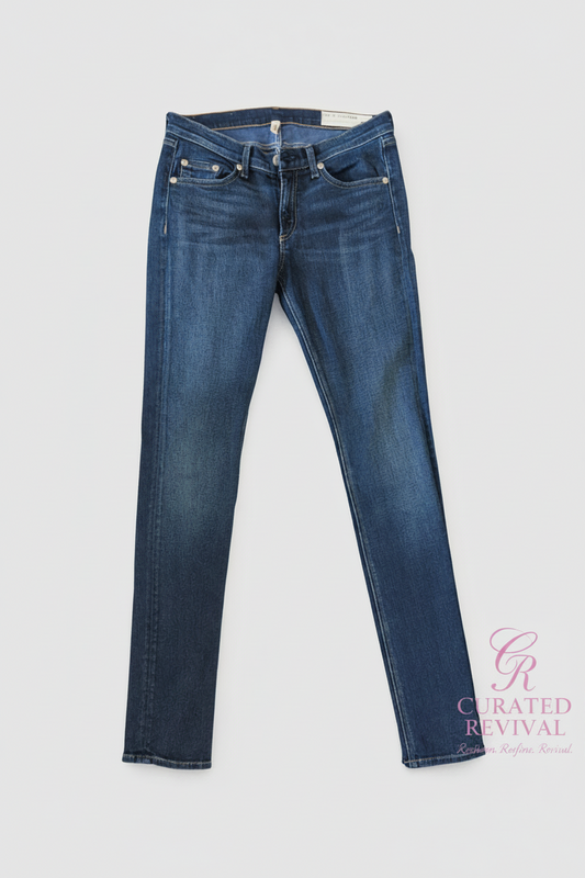 Blue jeans on a white background with 'Curated Revival' branding.