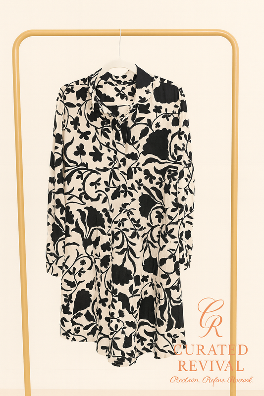 Masai Copenhagen Black & Ivory Floral Cotton Shirt Dress Size M-L - $62