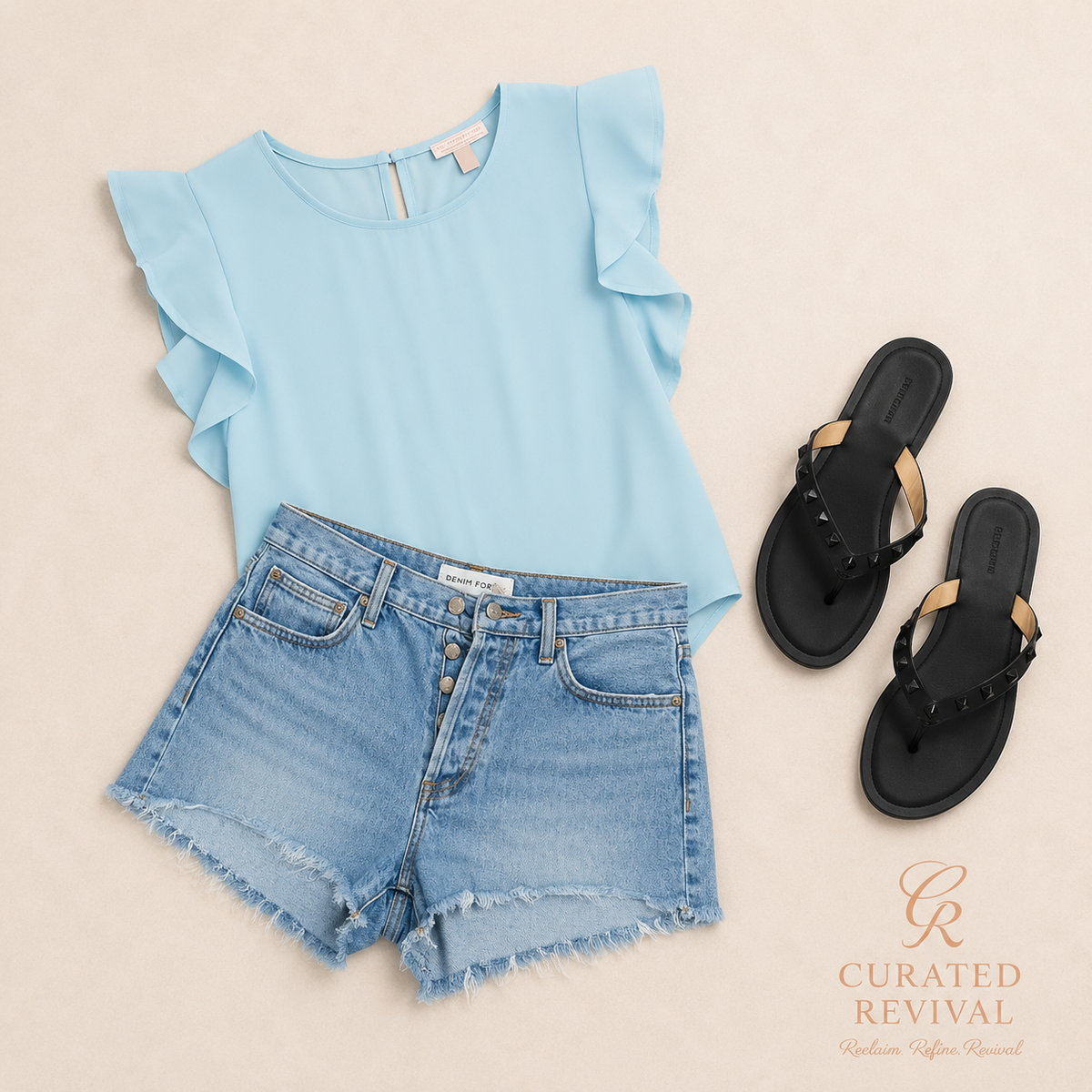 Weekend Chic Outfit Bundle | Denim Forum Shorts, Wilfred Ruffle Blouse & Rebecca Minkoff Sandals