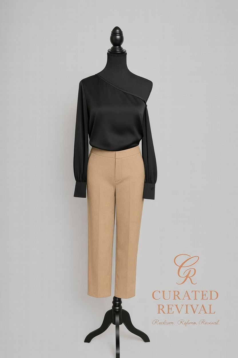 Mannequin wearing a black top and beige pants with 'Curated Revival' logo.